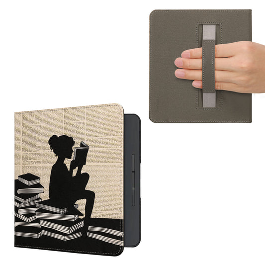 kwmobile Schutzhülle für Kobo Forma Hülle - eReader Flip Case mit Handschlaufe und Auto Sleep Funktion - Lesende Frau mit Schwarz Beige Schwarz  [dsg01]
