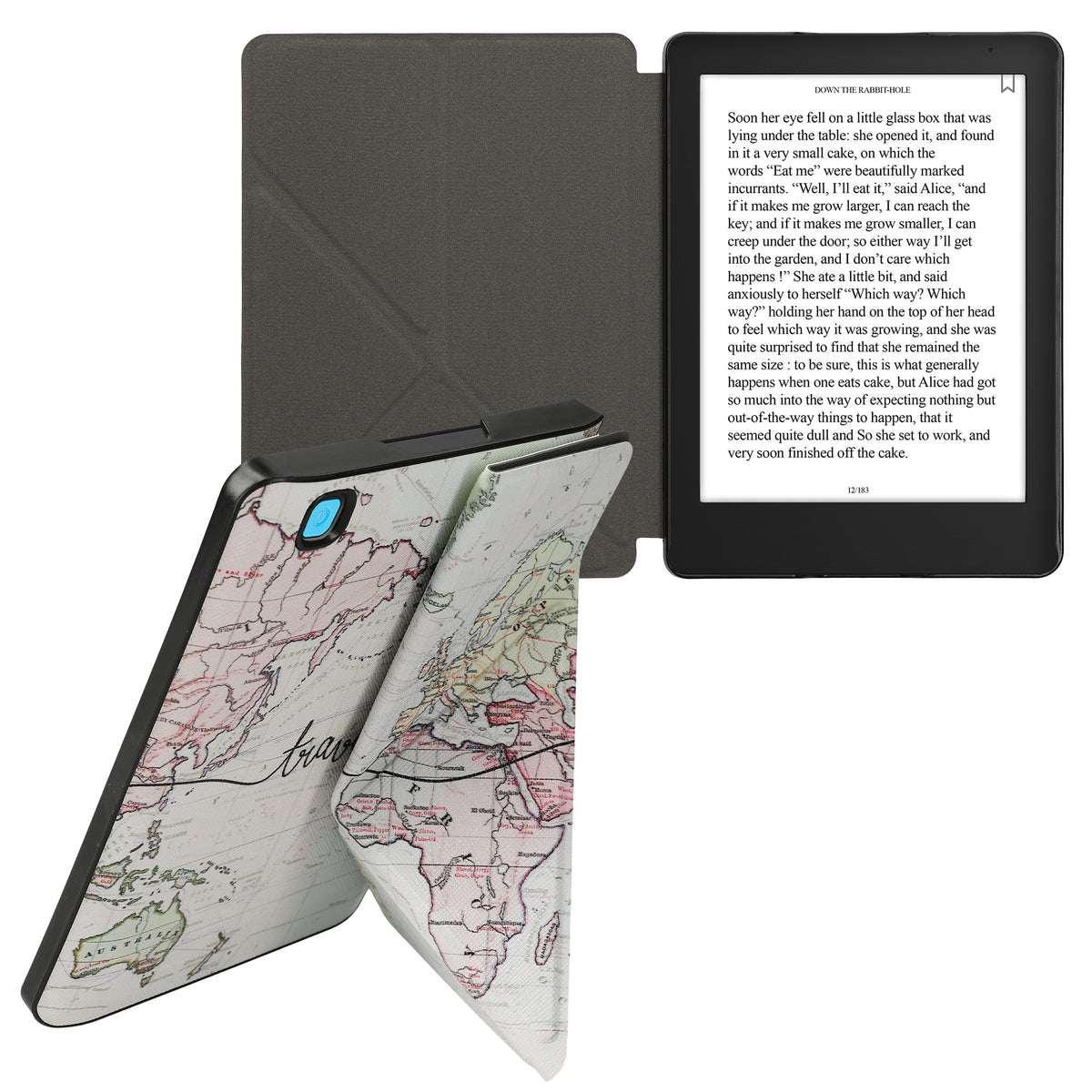 kwmobile Kunstleder eReader Schutzhülle für Kobo Aura Edition 2 Hülle - Falt Cover für E-Reader in Schwarz Mehrfarbig - Travel Schriftzug Schwarz Travel Weltkarte