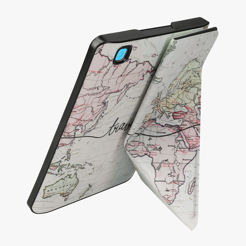 kwmobile Kunstleder eReader Schutzhülle für Kobo Aura Edition 2 Hülle - Falt Cover für E-Reader in Schwarz Mehrfarbig - Travel Schriftzug Schwarz Travel Weltkarte