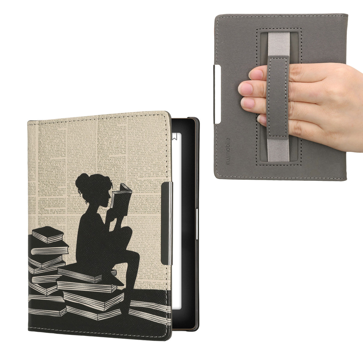 kwmobile Schutzhülle für Kobo Aura Edition 1 Hülle - eReader Flip Case mit Handschlaufe und Auto Sleep Funktion - Lesende Frau mit Schwarz Beige Schwarz  [dsg01]