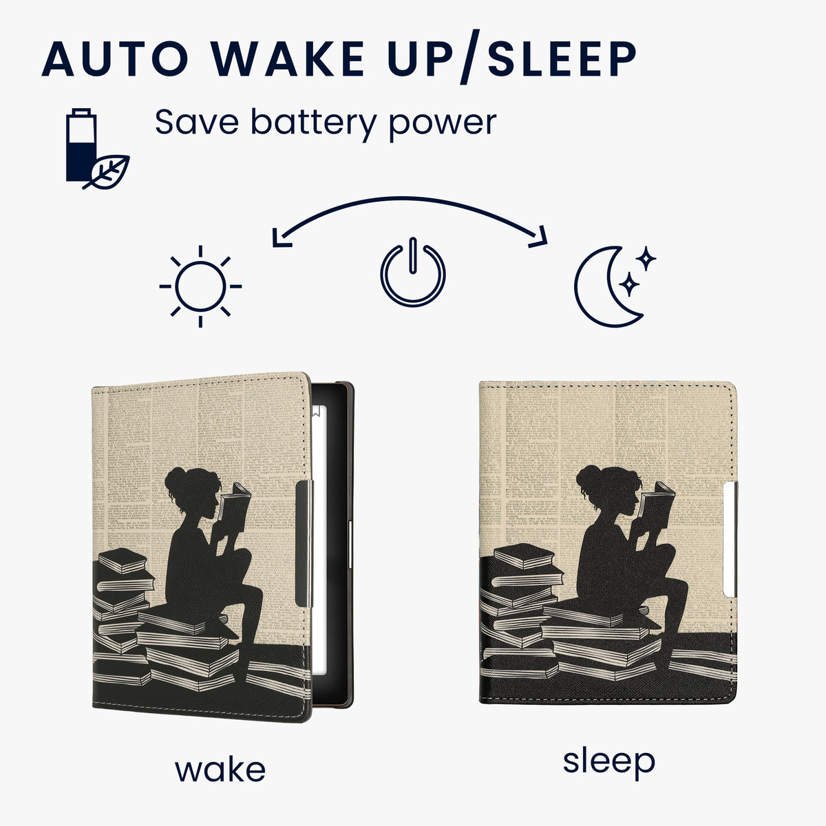 kwmobile Schutzhülle für Kobo Aura Edition 1 Hülle - eReader Flip Case mit Handschlaufe und Auto Sleep Funktion - Lesende Frau mit Schwarz Beige Schwarz  [dsg01]
