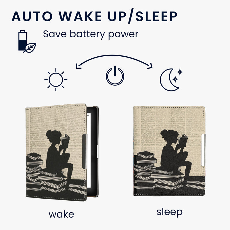 kwmobile Schutzhülle für Kobo Aura Edition 1 Hülle - eReader Flip Case mit Handschlaufe und Auto Sleep Funktion - Lesende Frau mit Schwarz Beige Schwarz  [dsg01]