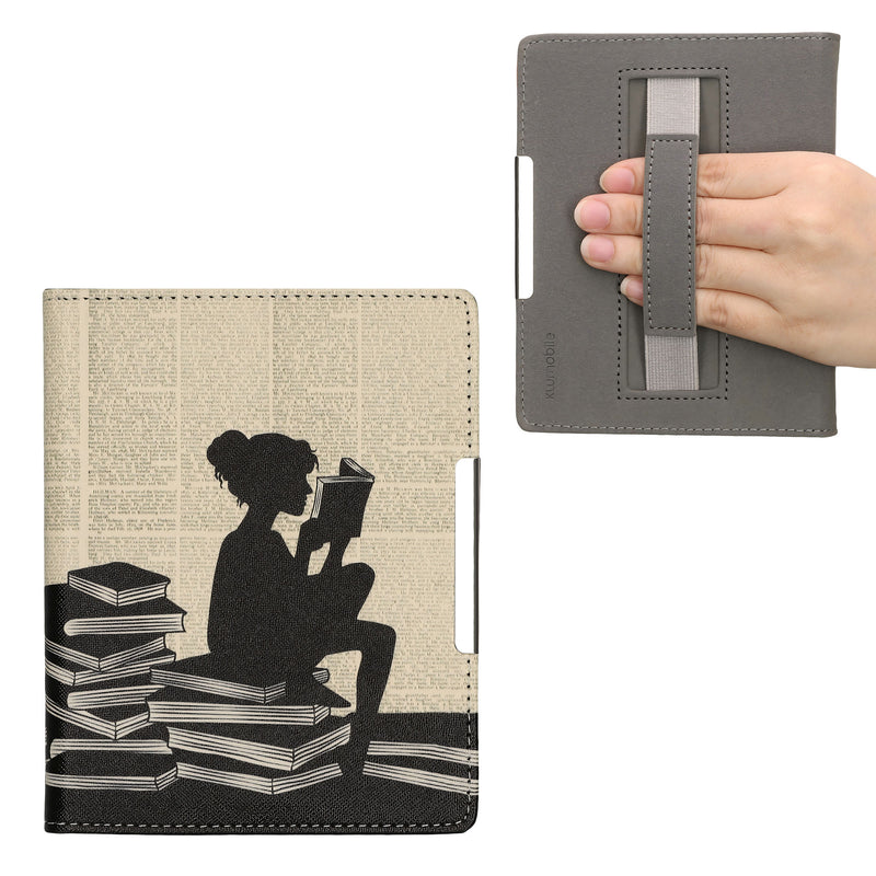 kwmobile Schutzhülle für Kobo Aura Edition 1 Hülle - eReader Flip Case mit Handschlaufe und Auto Sleep Funktion - Lesende Frau mit Schwarz Beige Schwarz  [dsg01]