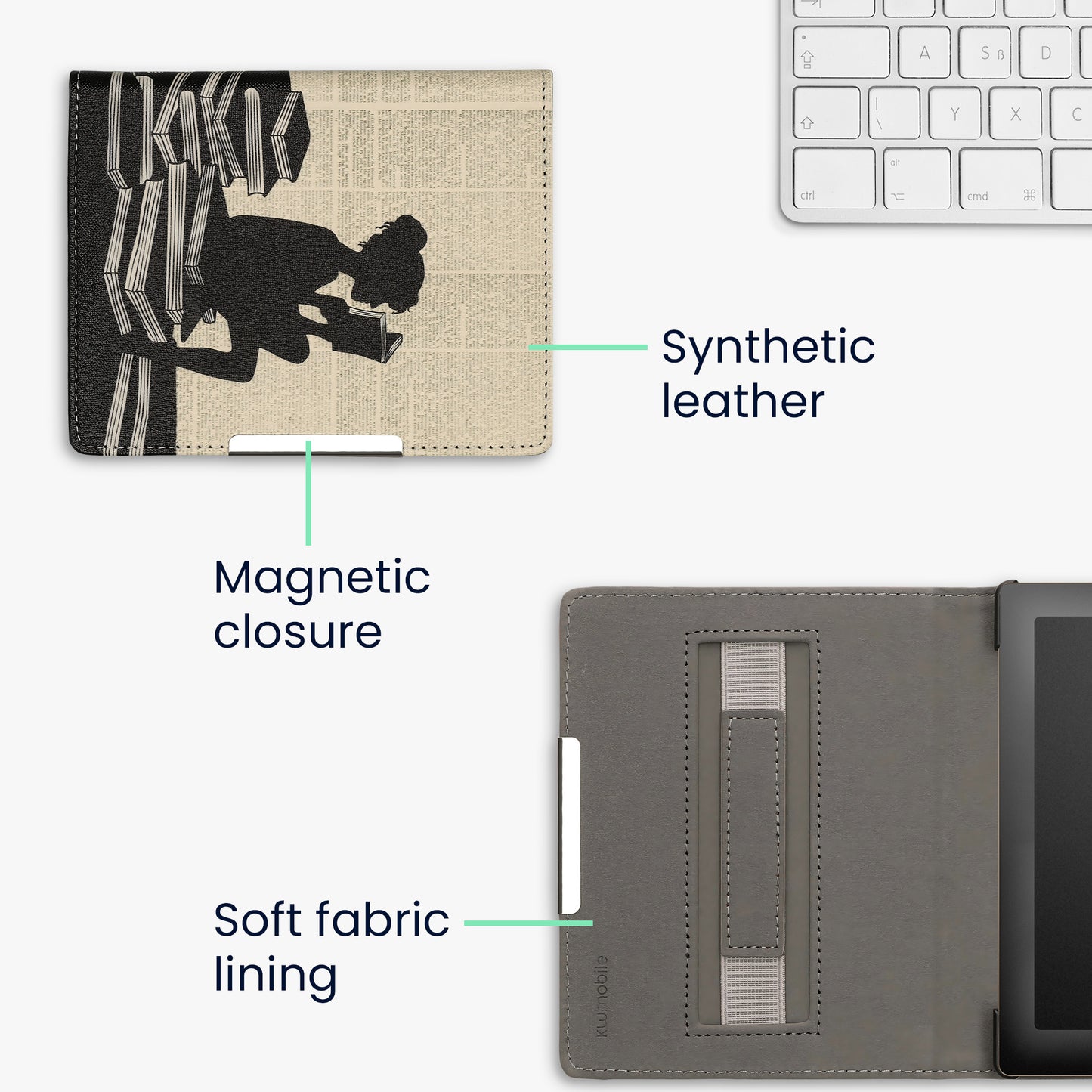 kwmobile Schutzhülle für Kobo Aura Edition 1 Hülle - eReader Flip Case mit Handschlaufe und Auto Sleep Funktion - Lesende Frau mit Schwarz Beige Schwarz  [dsg01]