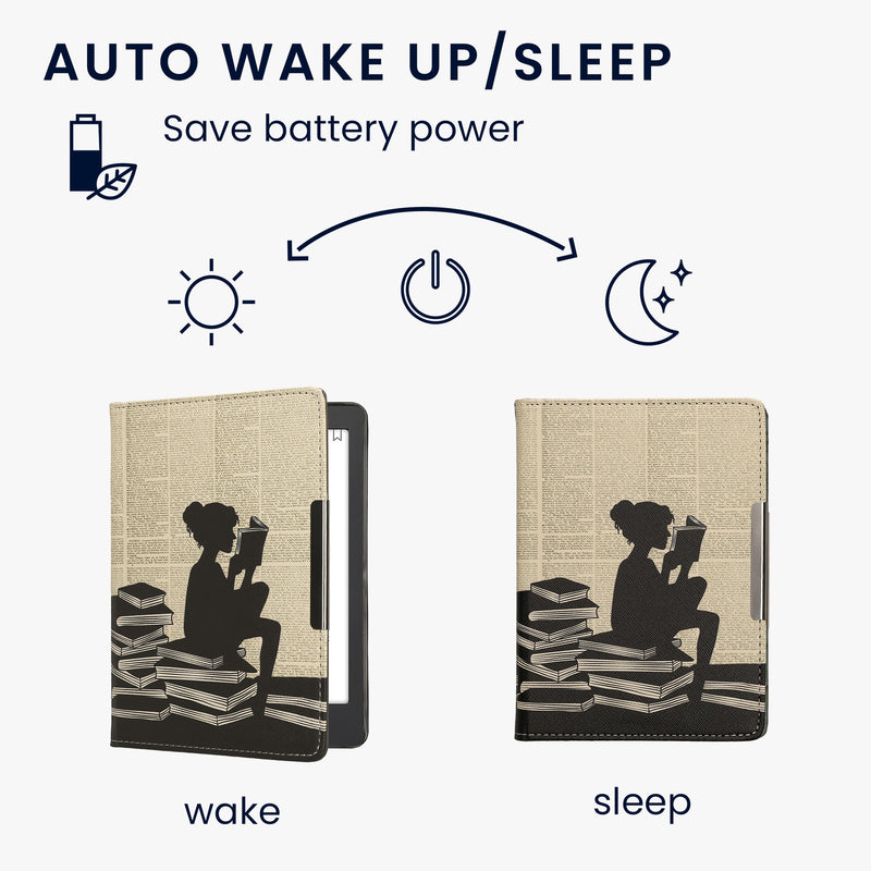 kwmobile Schutzhülle für Kobo Aura Edition 2 Hülle - eReader Flip Case mit Handschlaufe und Auto Sleep Funktion - Lesende Frau mit Schwarz Beige Schwarz  [dsg01]