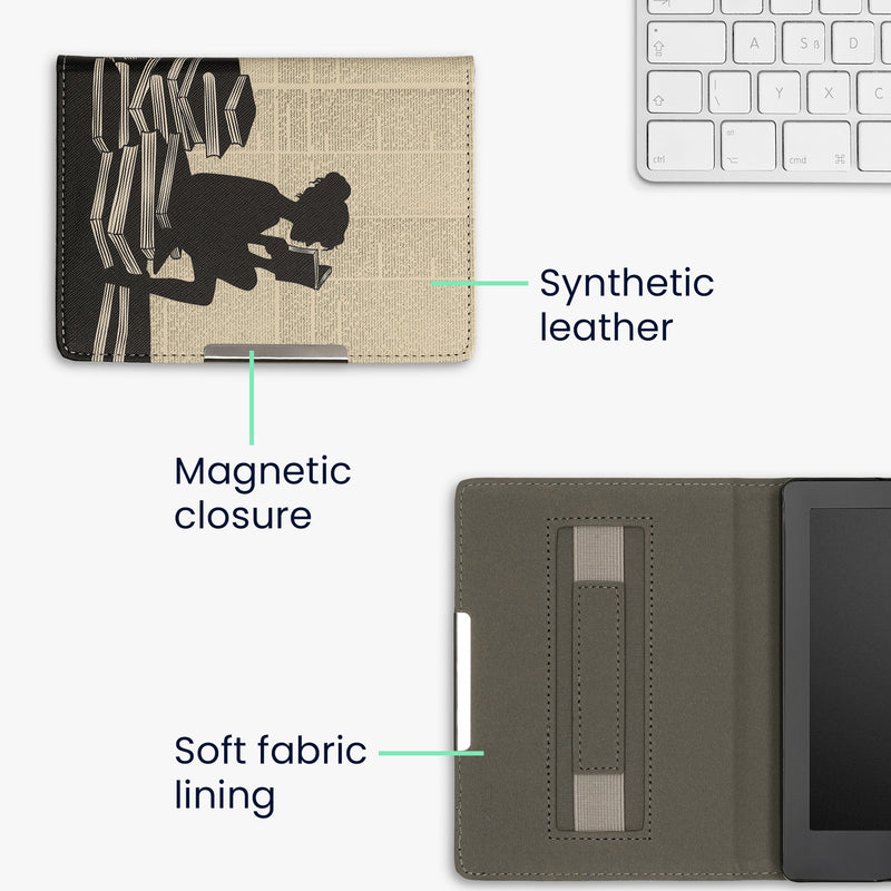kwmobile Schutzhülle für Kobo Aura Edition 2 Hülle - eReader Flip Case mit Handschlaufe und Auto Sleep Funktion - Lesende Frau mit Schwarz Beige Schwarz  [dsg01]