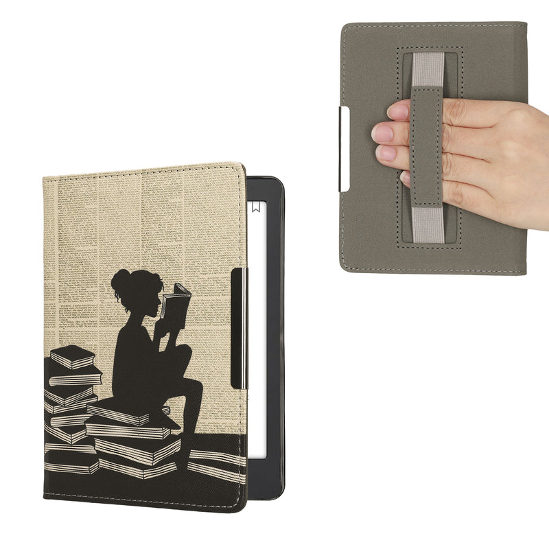 kwmobile Schutzhülle für Kobo Aura Edition 2 Hülle - eReader Flip Case mit Handschlaufe und Auto Sleep Funktion - Lesende Frau mit Schwarz Beige Schwarz  [dsg01]