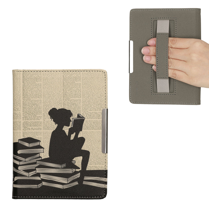kwmobile Schutzhülle für Kobo Aura Edition 2 Hülle - eReader Flip Case mit Handschlaufe und Auto Sleep Funktion - Lesende Frau mit Schwarz Beige Schwarz  [dsg01]