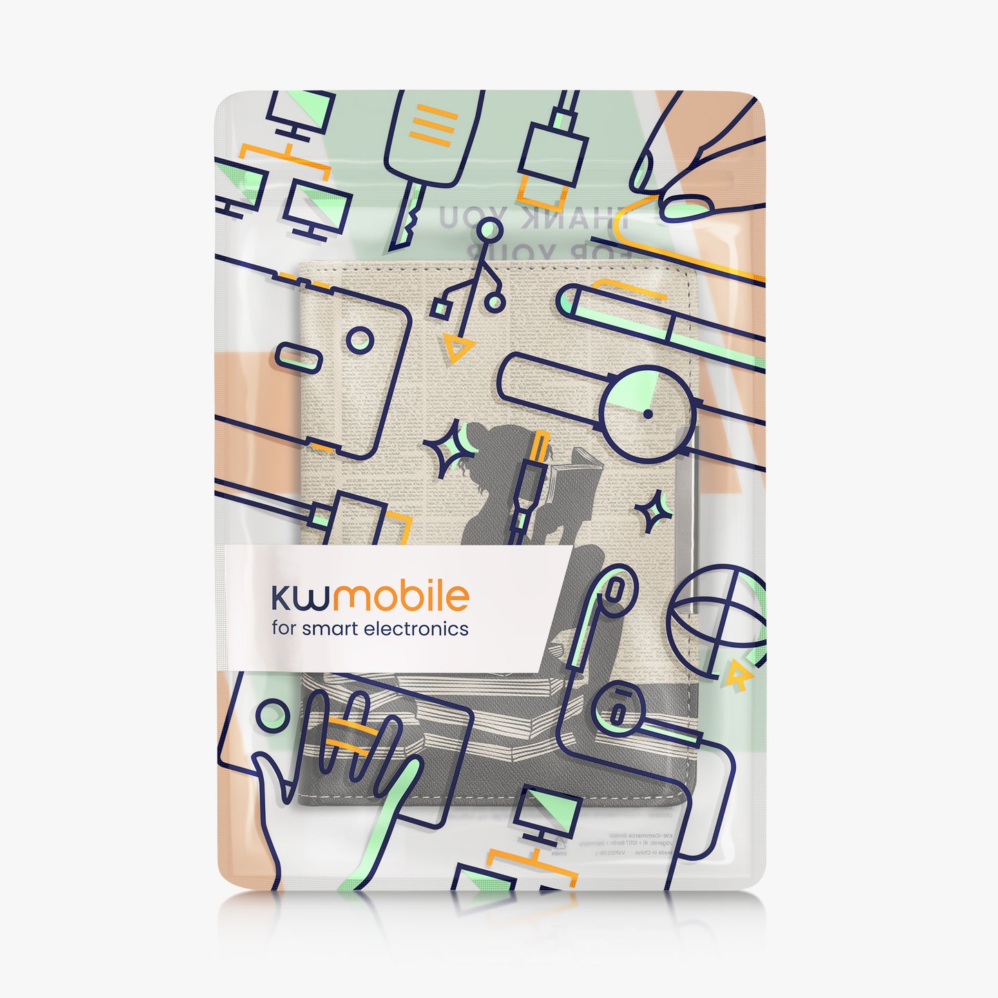 kwmobile Schutzhülle für Kobo Aura Edition 2 Hülle - eReader Flip Case mit Handschlaufe und Auto Sleep Funktion - Lesende Frau mit Schwarz Beige Schwarz  [dsg01]