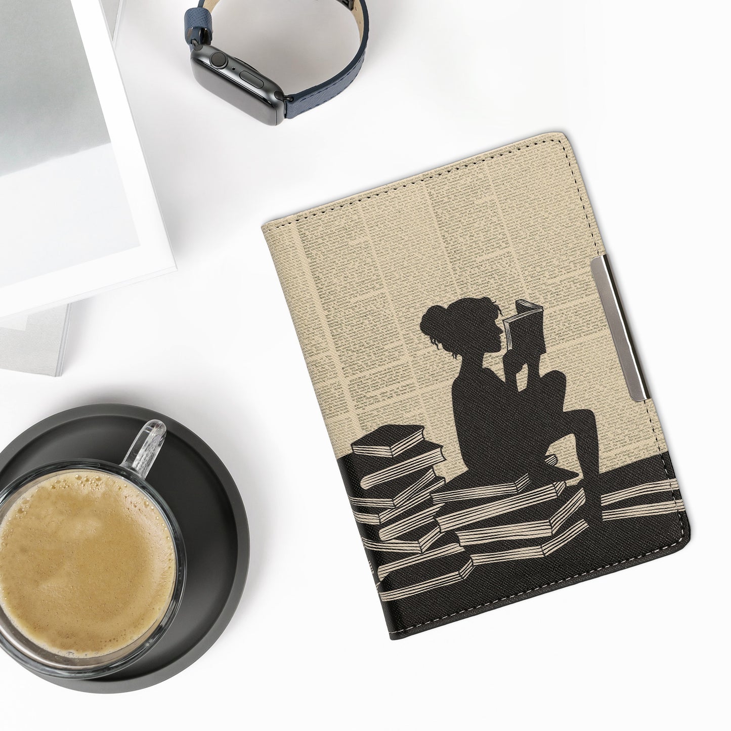 kwmobile Schutzhülle für Kobo Aura Edition 2 Hülle - eReader Flip Case mit Handschlaufe und Auto Sleep Funktion - Lesende Frau mit Schwarz Beige Schwarz  [dsg01]