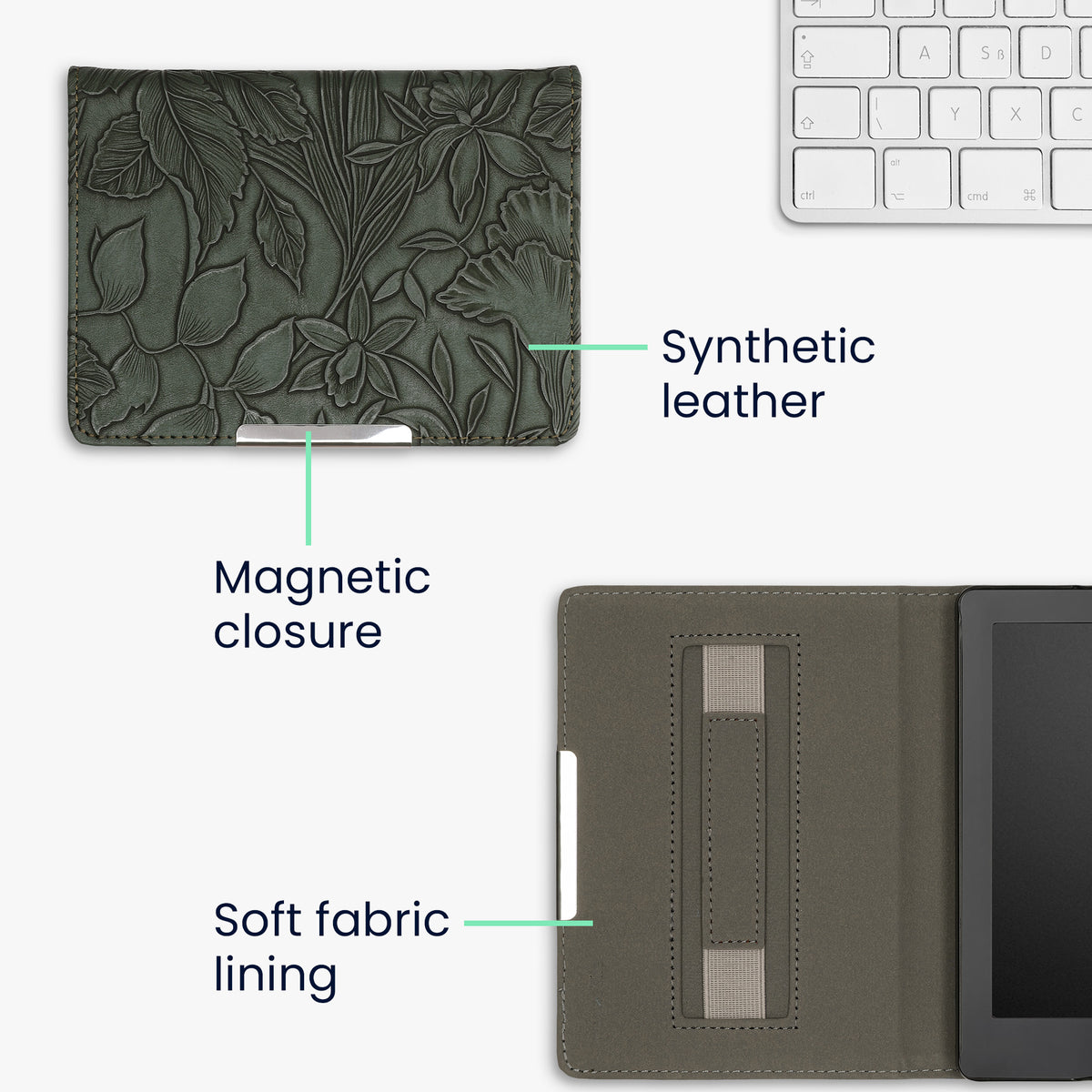 kwmobile Schutzhülle für Kobo Aura Edition 2 Hülle - eReader Flip Case mit Handschlaufe und Auto Sleep Funktion - Blumen im grünen Relief mit Grün Grün  [dsg04]