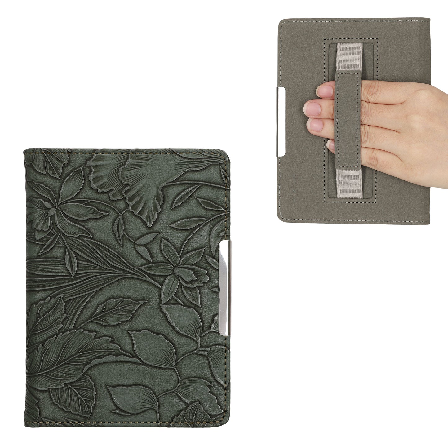 kwmobile Schutzhülle für Kobo Aura Edition 2 Hülle - eReader Flip Case mit Handschlaufe und Auto Sleep Funktion - Blumen im grünen Relief mit Grün Grün  [dsg04]