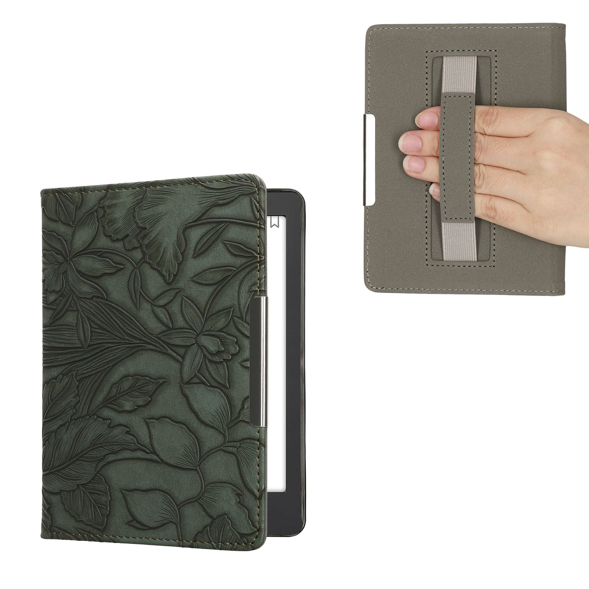 kwmobile Schutzhülle für Kobo Aura Edition 2 Hülle - eReader Flip Case mit Handschlaufe und Auto Sleep Funktion - Blumen im grünen Relief mit Grün Grün  [dsg04]