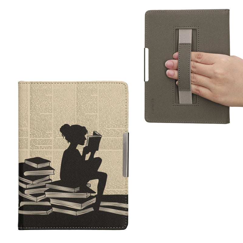 kwmobile Schutzhülle für Kobo Aura H2O Edition 1 Hülle - eReader Flip Case mit Handschlaufe und Auto Sleep Funktion - Lesende Frau mit Schwarz Beige Schwarz  [dsg01]