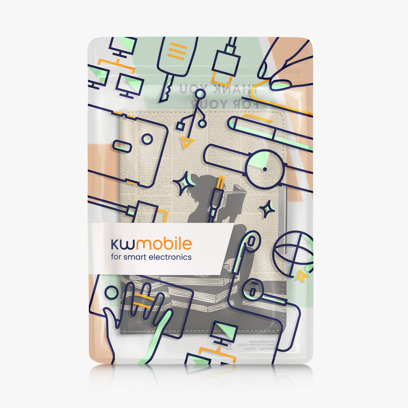 kwmobile Schutzhülle für Kobo Aura H2O Edition 1 Hülle - eReader Flip Case mit Handschlaufe und Auto Sleep Funktion - Lesende Frau mit Schwarz Beige Schwarz  [dsg01]