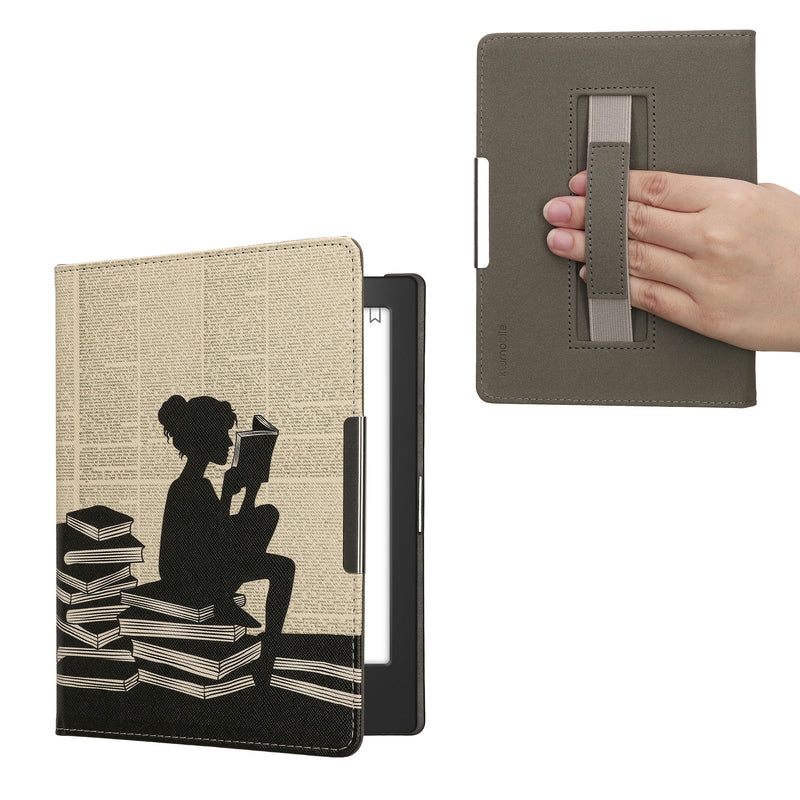 kwmobile Schutzhülle für Kobo Aura H2O Edition 1 Hülle - eReader Flip Case mit Handschlaufe und Auto Sleep Funktion - Lesende Frau mit Schwarz Beige Schwarz  [dsg01]