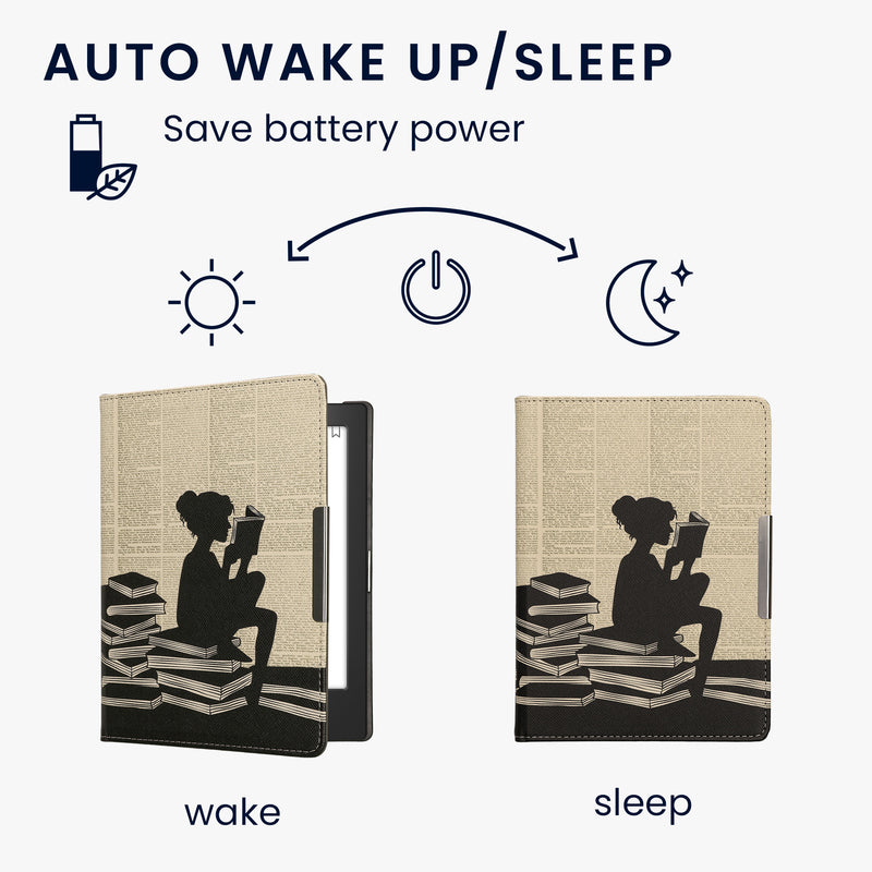 kwmobile Schutzhülle für Kobo Aura H2O Edition 1 Hülle - eReader Flip Case mit Handschlaufe und Auto Sleep Funktion - Lesende Frau mit Schwarz Beige Schwarz  [dsg01]