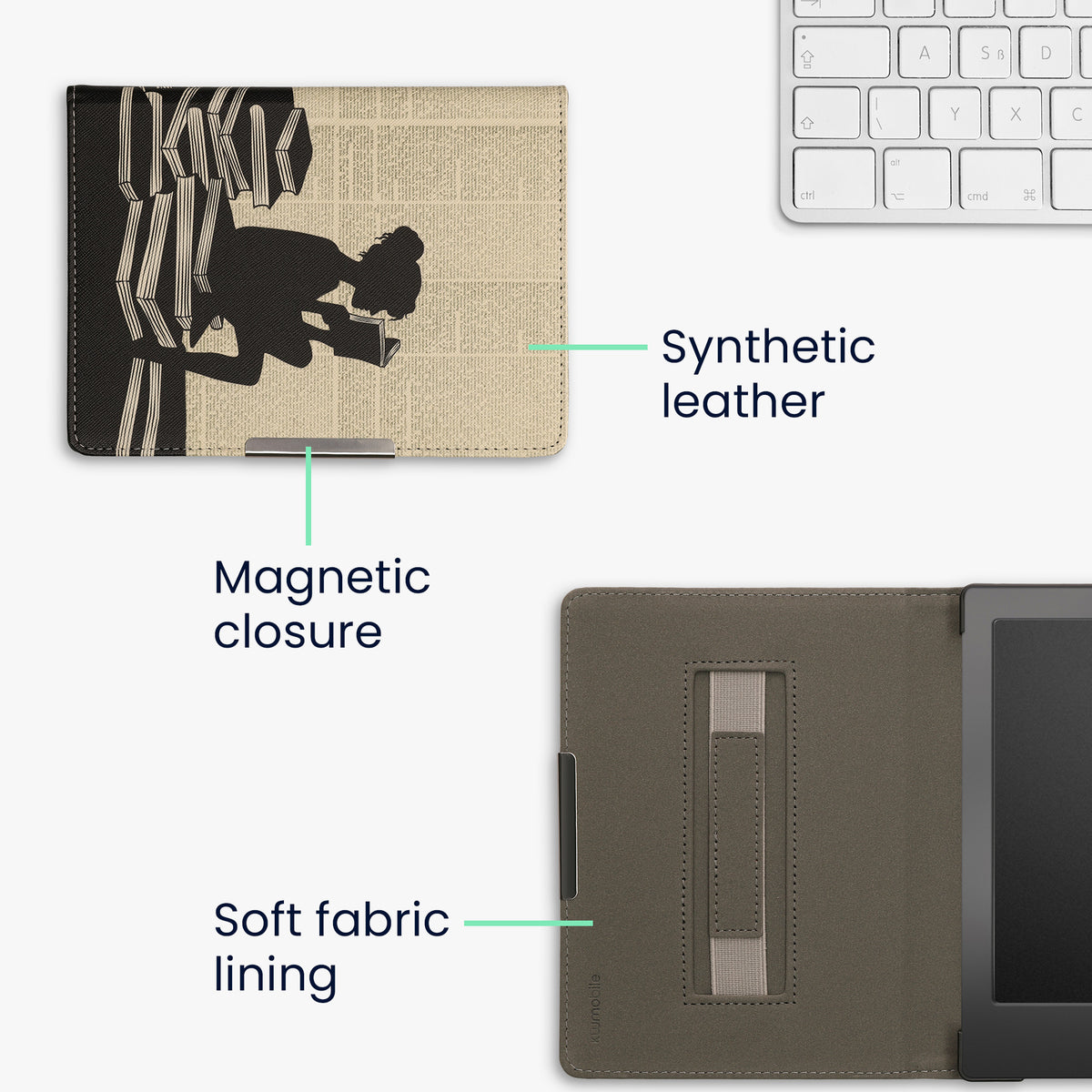 kwmobile Schutzhülle für Kobo Aura H2O Edition 1 Hülle - eReader Flip Case mit Handschlaufe und Auto Sleep Funktion - Lesende Frau mit Schwarz Beige Schwarz  [dsg01]