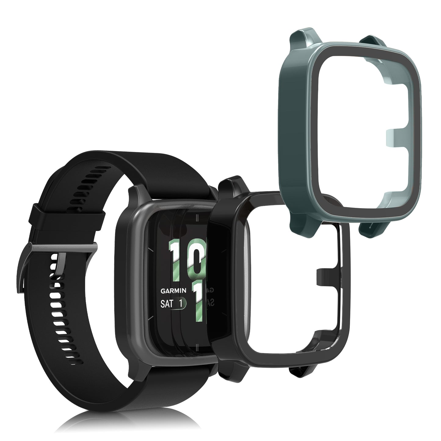 kwmobile 2x Glas Hülle für Garmin Venu Sq 2 Music / Sq 2 Schutzhülle - Fullbody Fitnesstracker Case Set aus Glas - Schwarz Grün Schwarz  [dsg04]