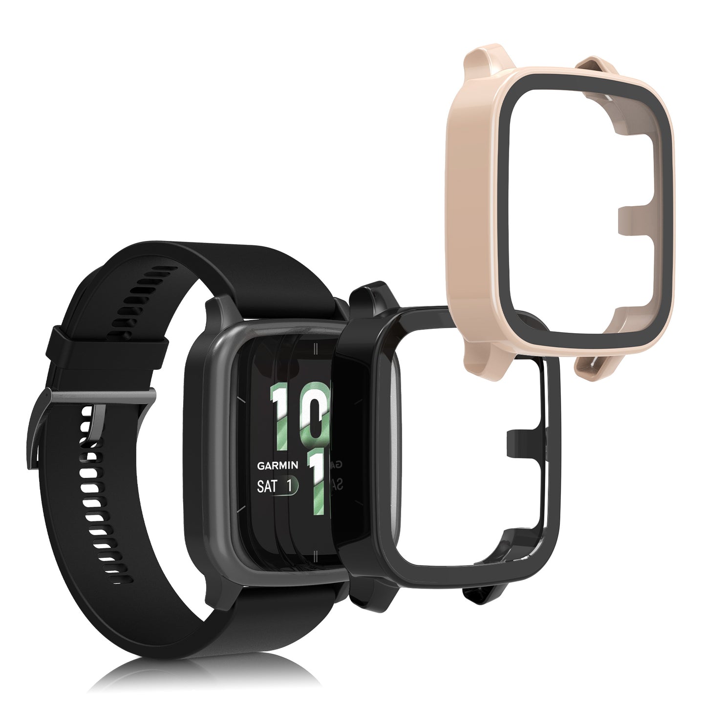 kwmobile 2x Glas Hülle für Garmin Venu Sq 2 Music / Sq 2 Schutzhülle - Fullbody Fitnesstracker Case Set aus Glas - Schwarz Altrosa Schwarz  [dsg05]