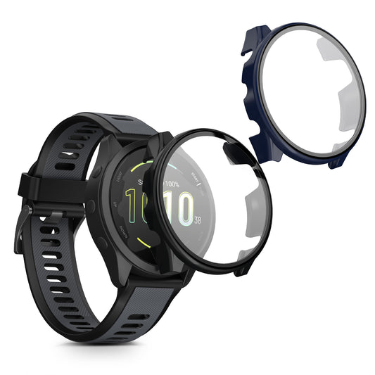kwmobile 2x Glas Hülle für Garmin Forerunner 165 / Forerunner 165 Music Schutzhülle - Fullbody Fitnesstracker Case Set aus Glas - Schwarz Dunkelblau Schwarz  [dsg03]