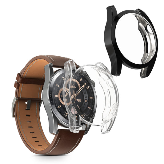 kwmobile 2x Silikon Hülle für Huawei Watch GT 3 (46mm) Schutzhülle - Fullbody Display Cover Set aus Silikon - Transparent Schwarz Transparent  [dsg02]