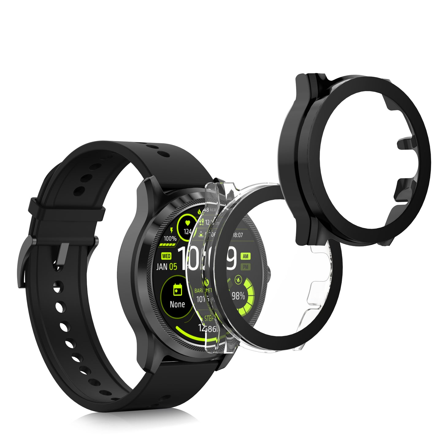 kwmobile 2x Glas Hülle für Ticwatch Pro 5 Schutzhülle - Fullbody Fitnesstracker Case Set aus Glas - Transparent Schwarz Transparent  [dsg02]