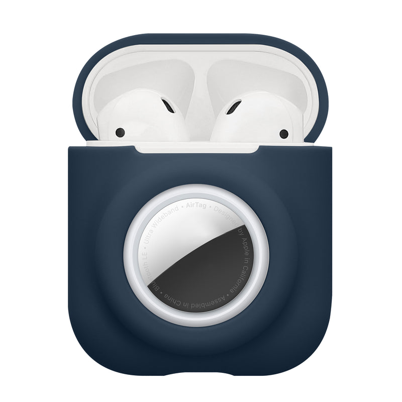 kwmobile 2-in1 Schutzhülle für Apple Airpods 1 & 2 Hülle - Kopfhörer Silicon Case kompatibel mit AirTag - stoßfestes Cover mit Karabiner - Dunkelblau Dunkelblau  