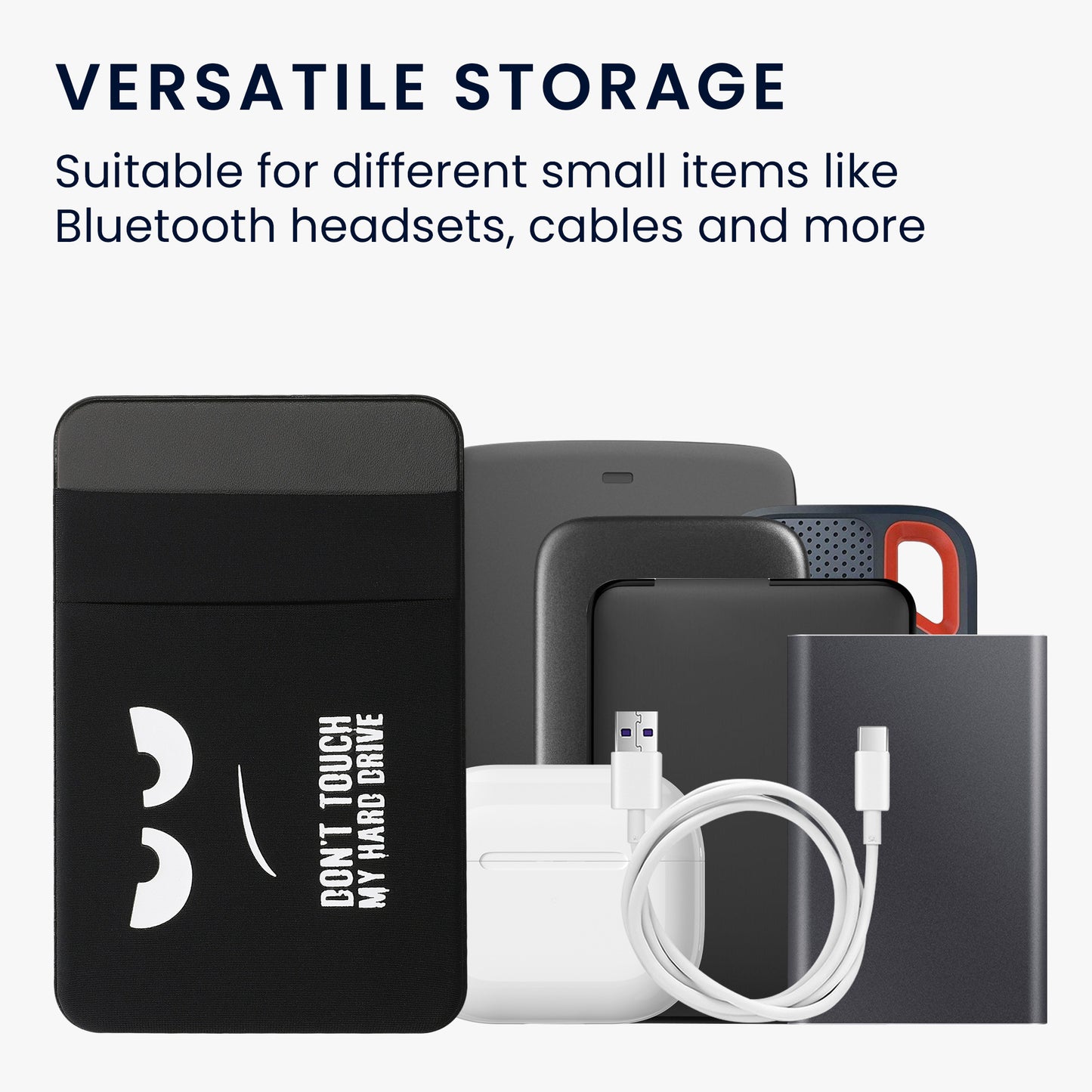 kwmobile Pouch compatible with SanDisk Portable SSD, Samsung T7, Crucial X8, HDD - Holder for external SSD Hard Drive - 13x8cm - Elastic Case Cover self-adhesive - Don't touch my Hard Drive