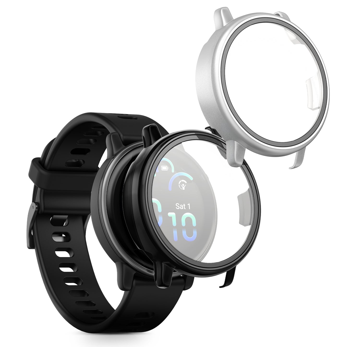 kwmobile 2x Glas Hülle für Garmin vivoactive 6 (42mm) / Active 6 Schutzhülle - Fullbody Fitnesstracker Case Set aus Glas - Schwarz Silber Schwarz  [dsg02]