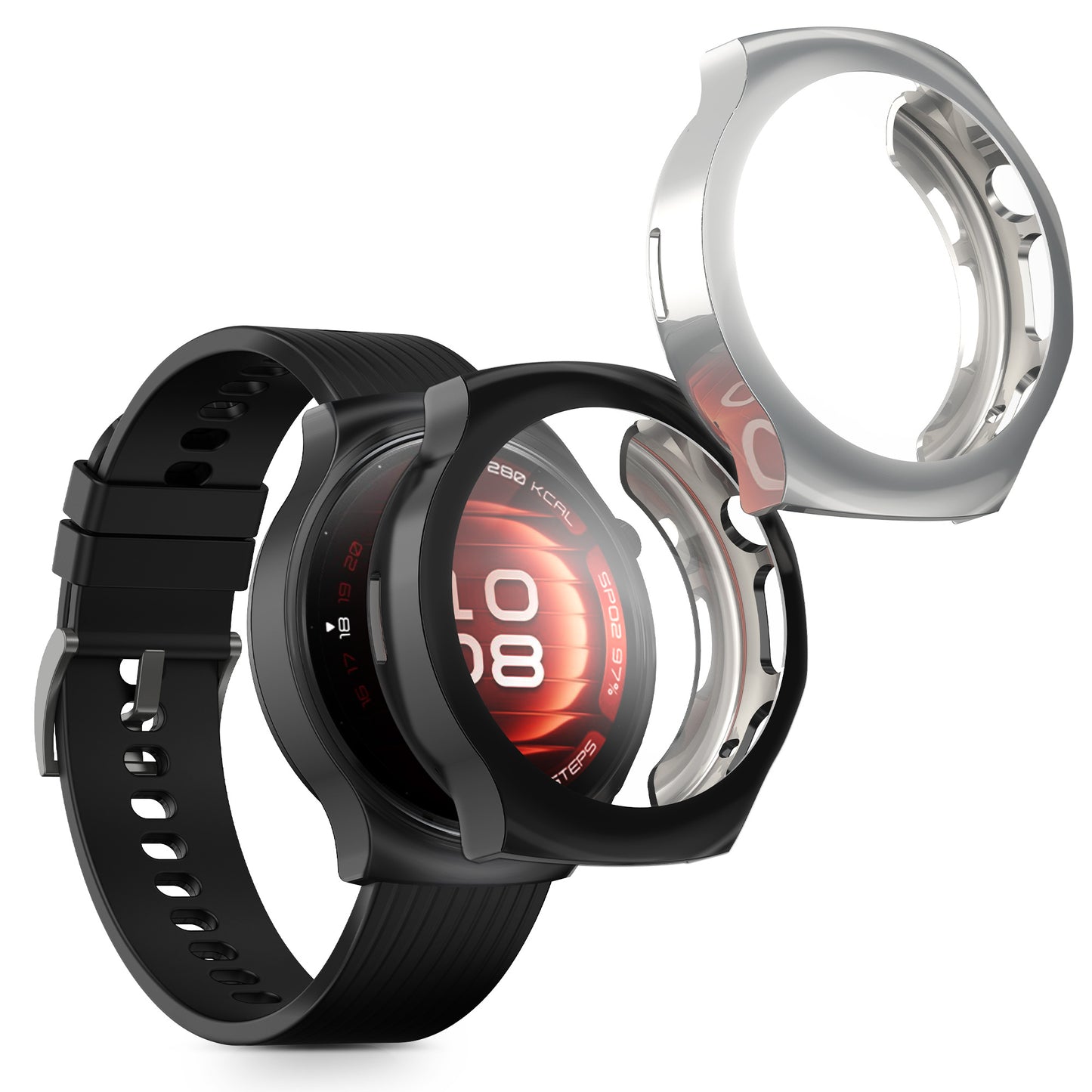 kwmobile 2x Silikon Hülle für Huawei Watch 5 42mm Schutzhülle - Fullbody Display Cover Set aus Silikon - Schwarz Silber Schwarz  [dsg02]