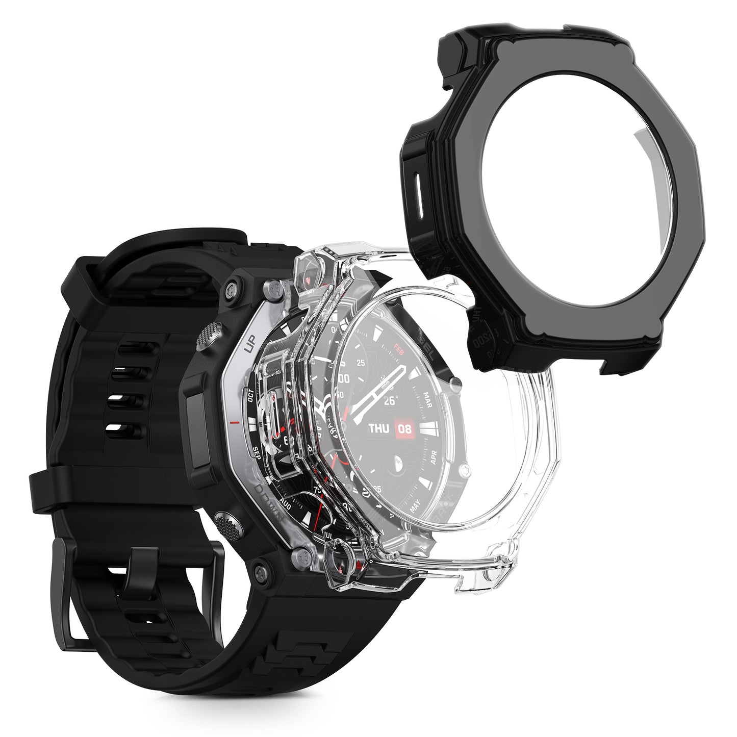 kwmobile 2x Glas Hülle für Amazfit T-Rex3 Pro 48mm Schutzhülle - Fullbody Fitnesstracker Case Set aus Glas - Transparent Schwarz Transparent  [dsg01]