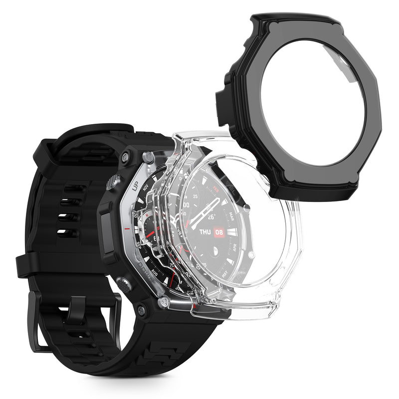 kwmobile 2x Glas Hülle für Amazfit T-Rex 3 Schutzhülle - Fullbody Fitnesstracker Case Set aus Glas - Transparent Schwarz Transparent  [dsg01]