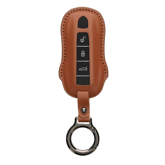 Porsche 3-Tasten Autoschlüssel (nur Keyless) Echtleder Schlüsselhülle Slim mit Schlüsselring Hellbraun