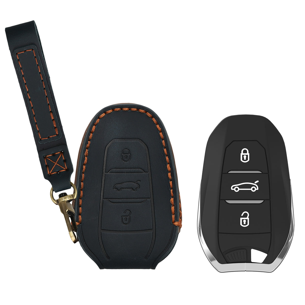 Peugeot Citroen 3-Tasten Smartkey Autoschlüssel (nur Keyless Go) Echtleder Schlüsselhülle mit Stickerei mit Schlüsselring Dunkelblau