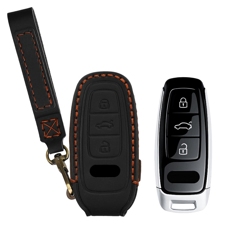 Audi A6 A7 A8 Q7 Q8 3-Tasten Autoschlüssel Keyless Echtleder Schlüsselhülle mit Stickerei mit Schlüsselring Schwarz