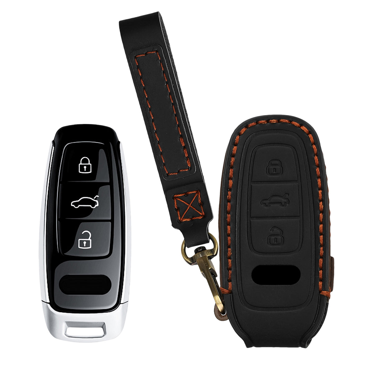 Audi A6 A7 A8 Q7 Q8 3-Tasten Autoschlüssel Keyless Echtleder Schlüsselhülle mit Stickerei mit Schlüsselring KWM000041MA001C