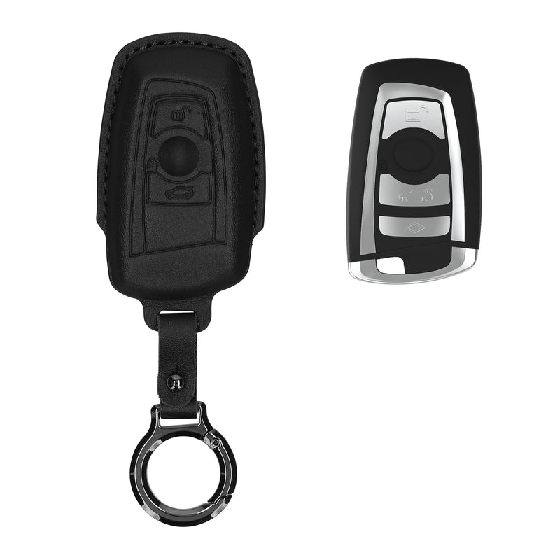 BMW 3-Tasten Funk Autoschlüssel (nur Keyless Go) Echtleder Schlüsselhülle Slim mit Schlüsselring Schwarz