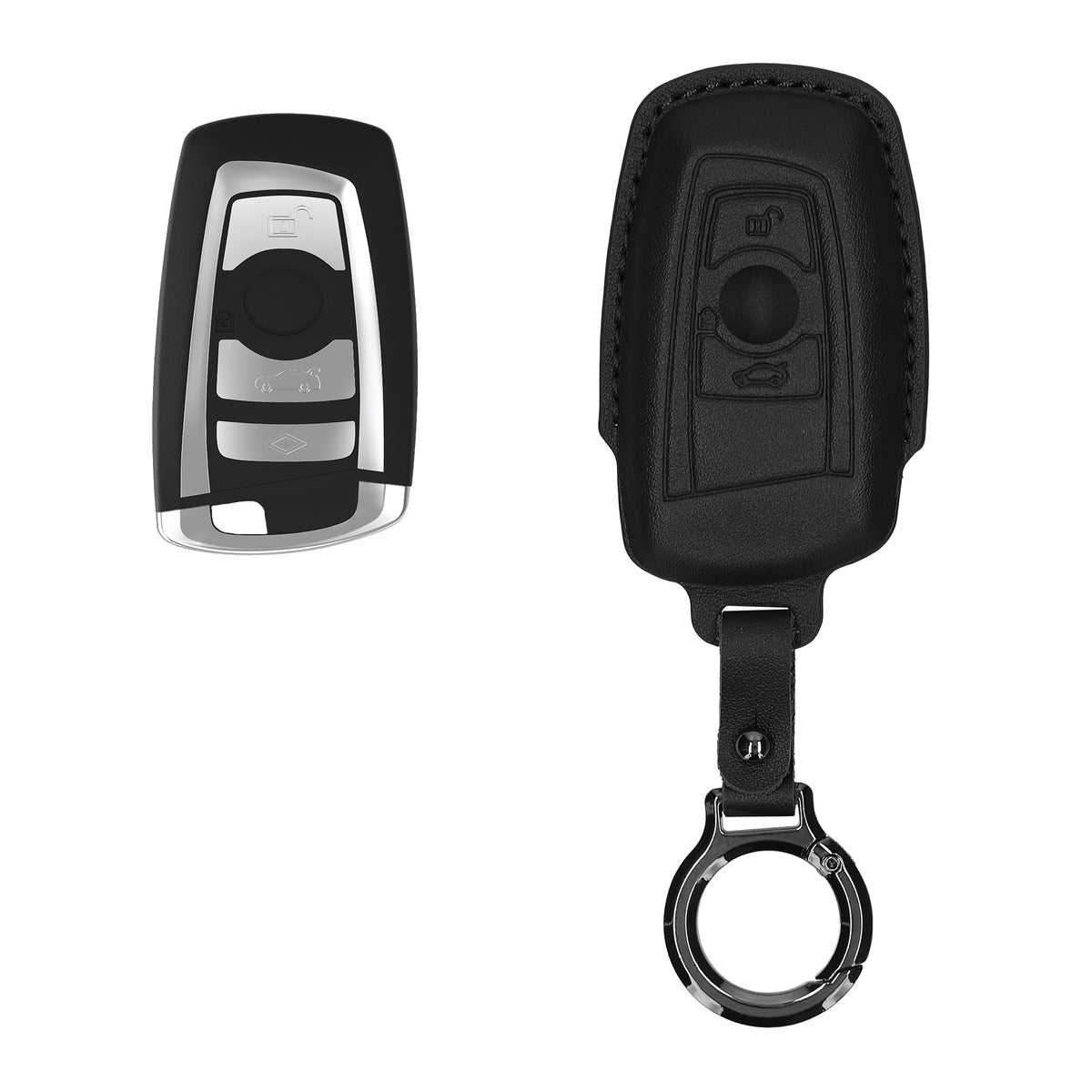 BMW 3-Tasten Funk Autoschlüssel (nur Keyless Go) Echtleder Schlüsselhülle Slim mit Schlüsselring KWM000041MF001C