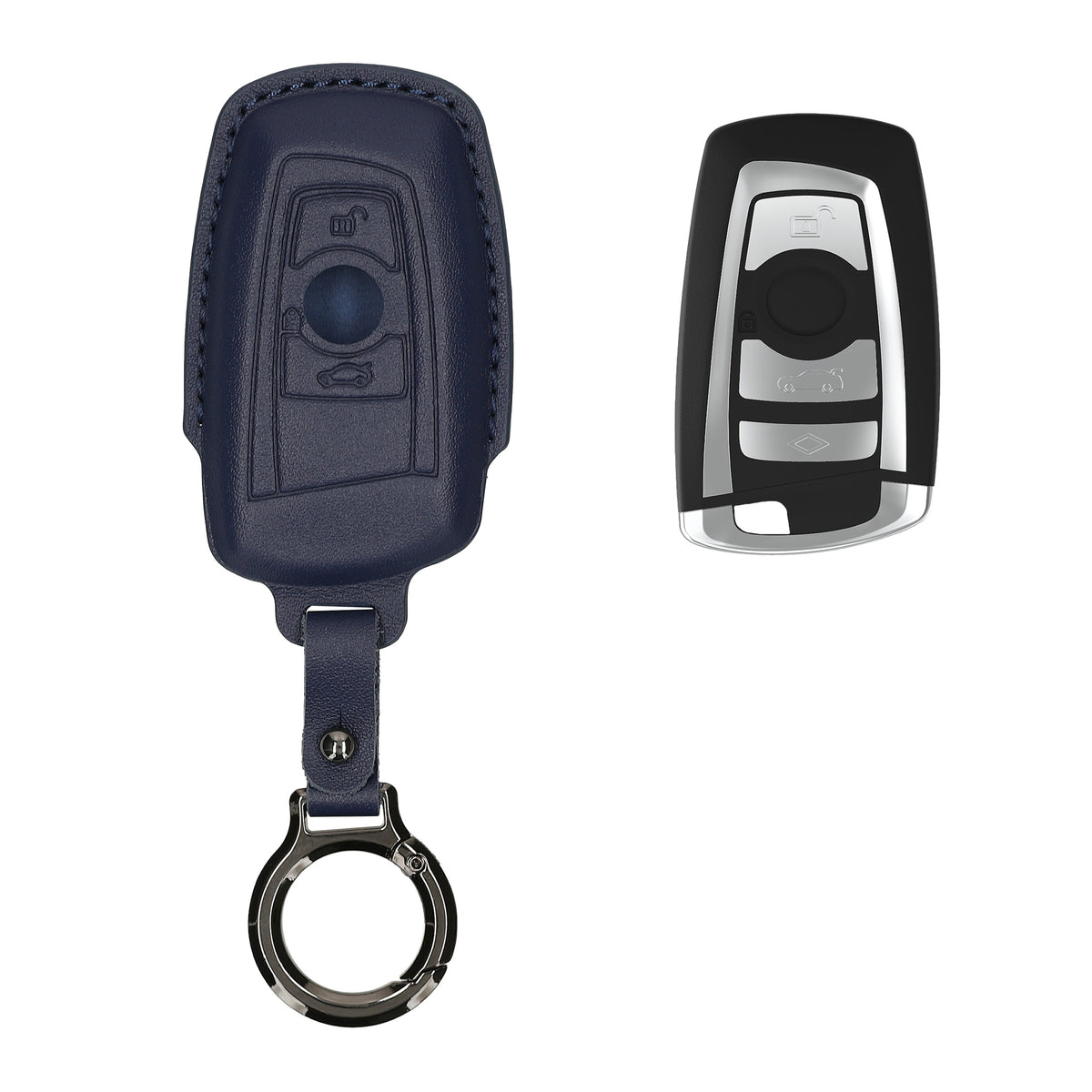 BMW 3-Tasten Funk Autoschlüssel (nur Keyless Go) Echtleder Schlüsselhülle Slim mit Schlüsselring Dunkelblau