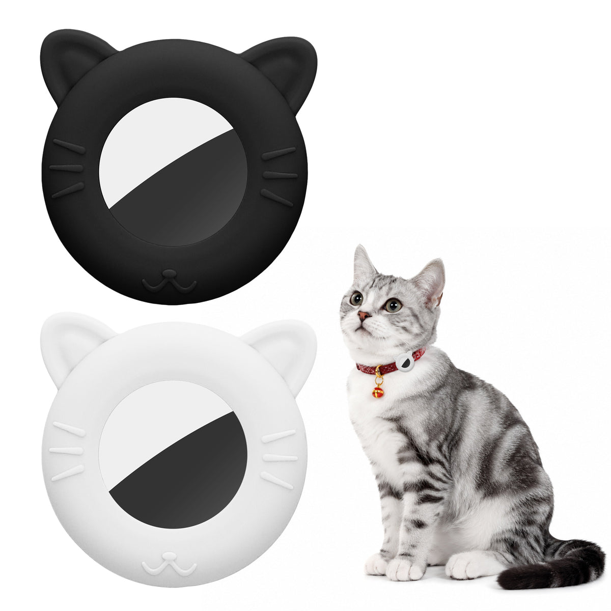 kwmobile 1x Katzen Tracker Case kompatibel mit Apple AirTag Hülle - Katzenohr-Design Cover Set für Smarttag - ideal für Tier Halsbänder - Schwarz Weiß Schwarz