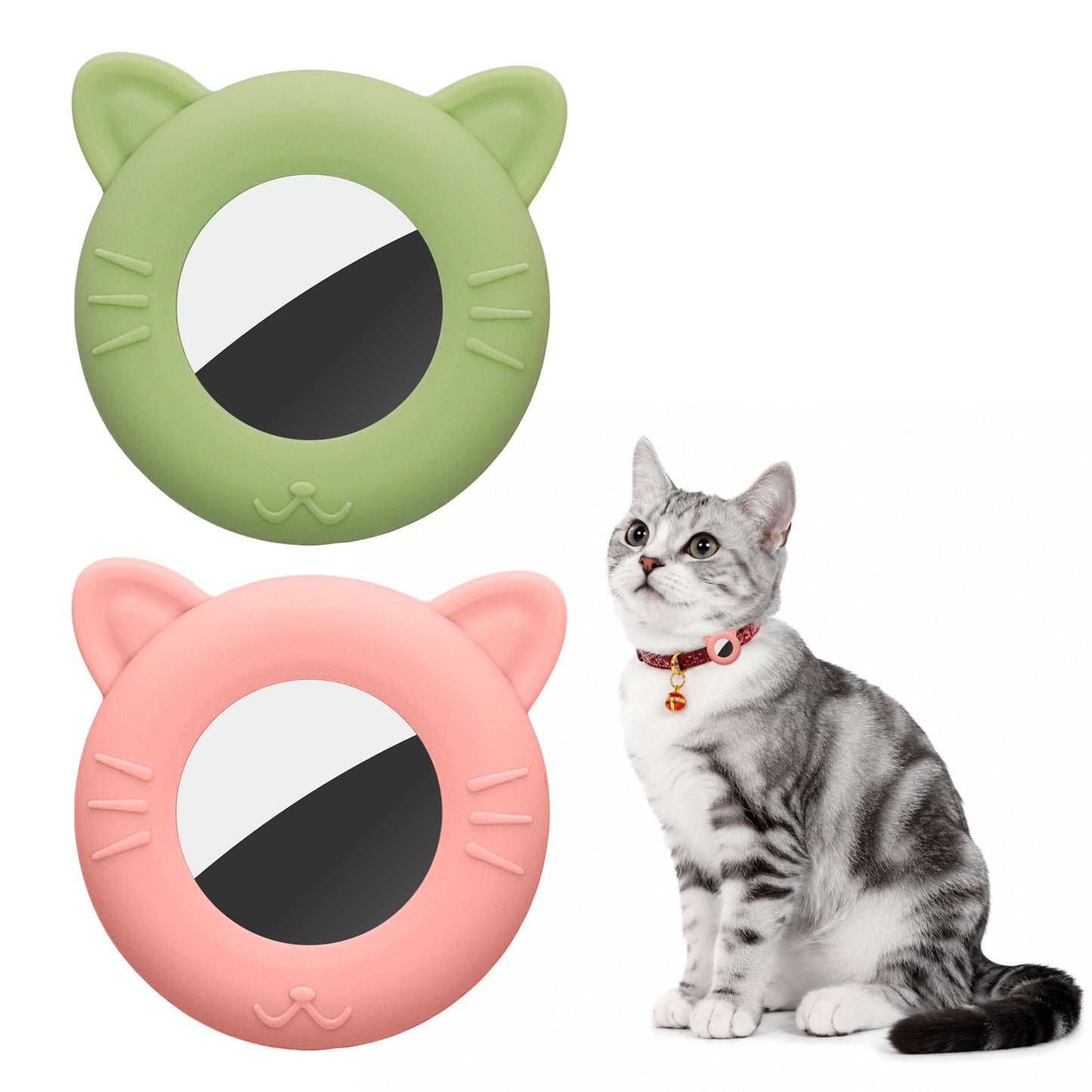 kwmobile 1x Katzen Tracker Case kompatibel mit Apple AirTag Hülle - Katzenohr-Design Cover Set für Smarttag - ideal für Tier Halsbänder - Matcha Grün Altrosa Matcha Grün