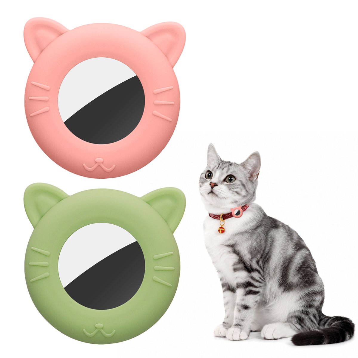 kwmobile 1x Katzen Tracker Case kompatibel mit Apple AirTag Hülle - Katzenohr-Design Cover Set für Smarttag - ideal für Tier Halsbänder - Matcha Grün Altrosa Matcha Grün