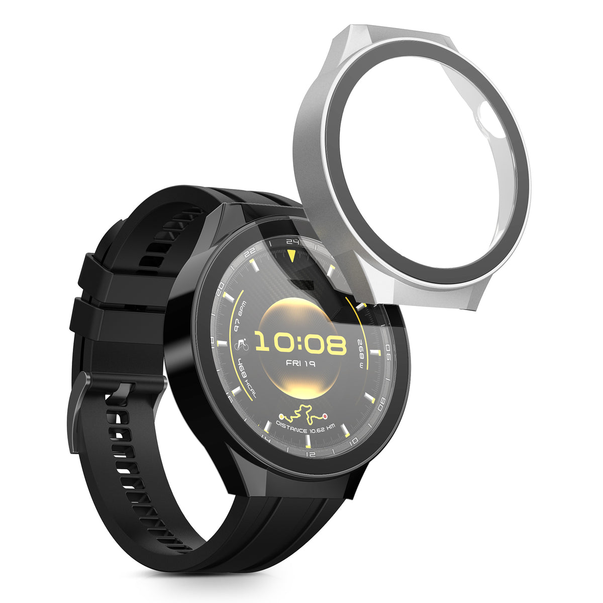 kwmobile 2x Glas Hülle für Huawei Watch GT6 Pro 46mm Schutzhülle - Fullbody Fitnesstracker Case Set aus Glas - Schwarz Silber Schwarz