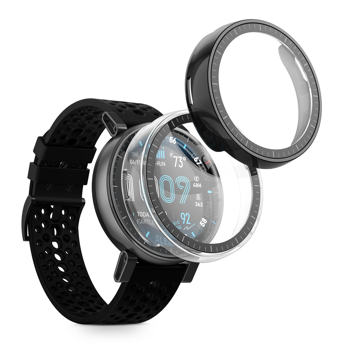 kwmobile 2x Glas Hülle für Amazfit Active Max A2557 Schutzhülle - Fullbody Fitnesstracker Case Set aus Glas - Schwarz Transparent Schwarz  [dsg01]