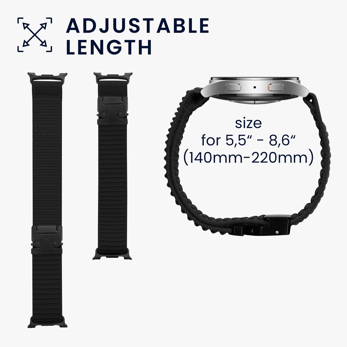 kwmobile Armband kompatibel mit Samsung Galaxy Watch 8 Galaxy / Galaxy Watch 8 Classic 46mm - Nylon Fitnesstracker Sportarmband Band in Schwarz - Innenmaße von Schwarz