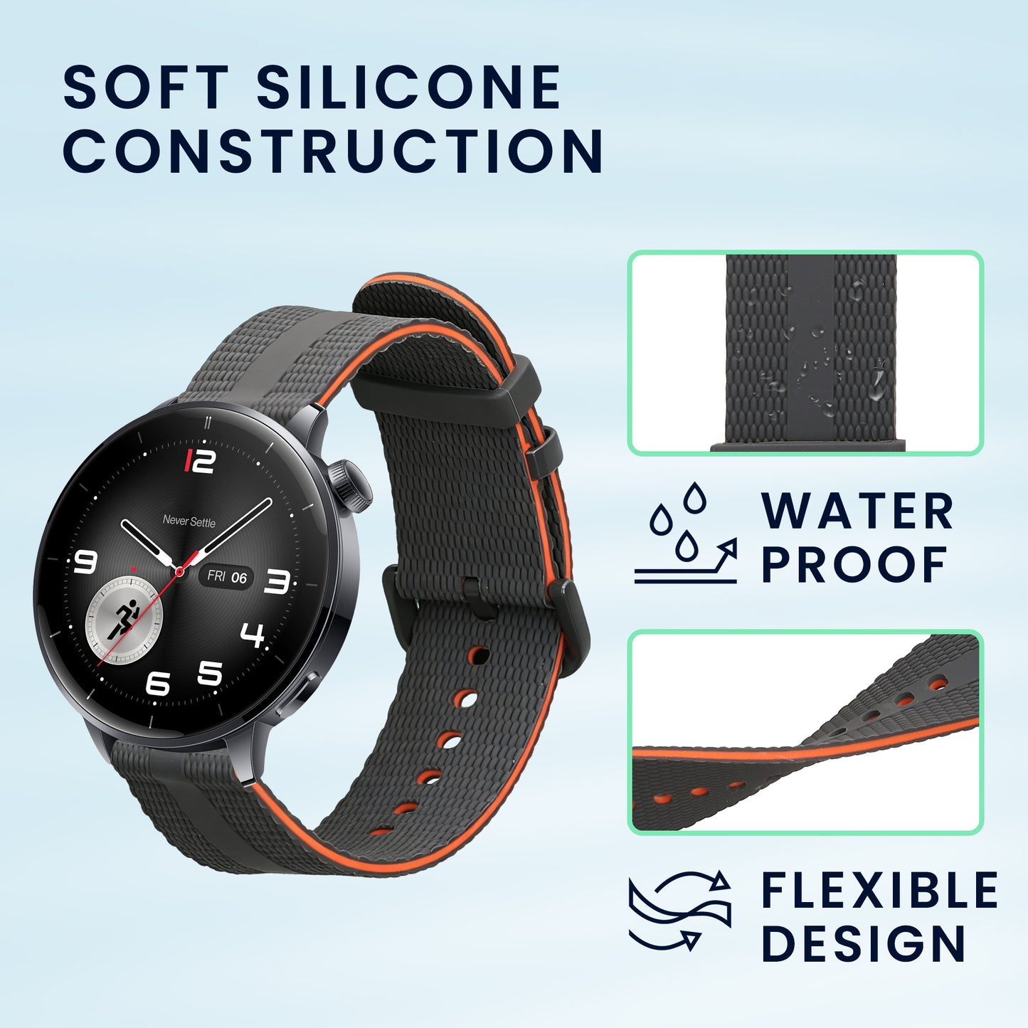 kwmobile Silikon Uhrenarmband für OnePlus Watch 3 / 2 / 2R / Oppo Watch X2 Armband - Ersatzarmband für Fitnesstracker - Wechselarmband Smartwatch - Schwarz Orange Schwarz