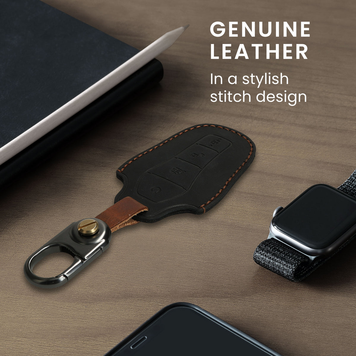 kwmobile Leder Autoschlüssel Hülle kompatibel mit BYD Atto 3 / Sealion / Han / Tang / Dolphin / Seal Schlüsselhülle - Schlüssel Tasche Schwarz Schwarz