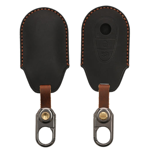 Genuine Leather Car Key Cover with Embroidery + Keychain for Mercedes Benz 3-Button Smart Key