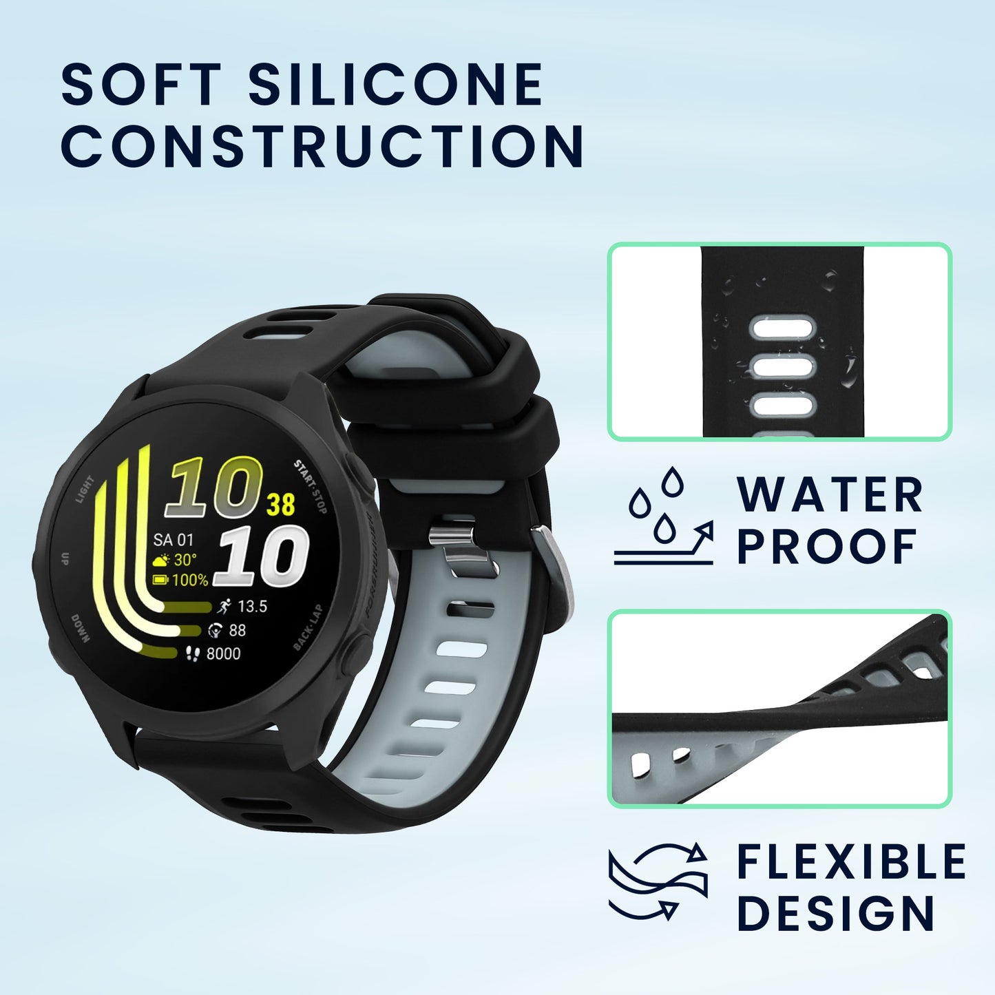 kwmobile Silikon Uhrenarmband für Garmin Forerunner 170 / Forerunner 70 Armband - Ersatzarmband für Fitnesstracker - Wechselarmband Smartwatch - Grau Schwarz Grau